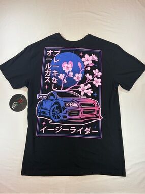 Black Short-Sleeve Graphic Tee with Blue & Pink Racing Car Design